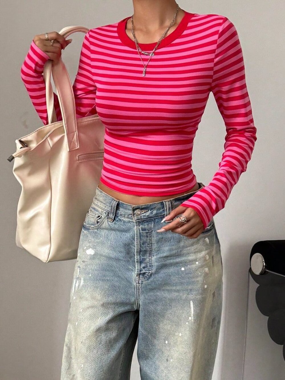 Hot Pink Casual Women's Striped Round Neck Long Sleeve Ruched Slim Fit T-Shirt